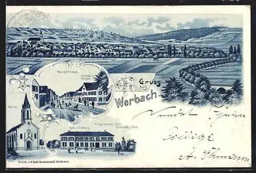 Lithographie Werbach, Gesamtansicht aus der Ferne, Hauptstr. mit Gasthaus z. Ochsen, Kirche, Rat- und Schulhaus