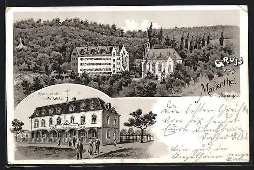 Lithographie Marienthal im Rheingau, Restaurant Gietz und die Kirche
