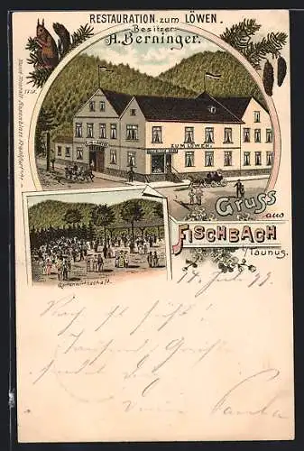 Lithographie Fischbach i. Taunus, Gasthaus Restauration zum Löwen, Gartenwirtschaft