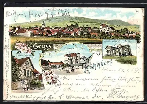 Lithographie Kühndorf / Thür., Gasthaus z. Thüringer Wald, Charlottenhaus auf dem Dolmar, Schlosshof
