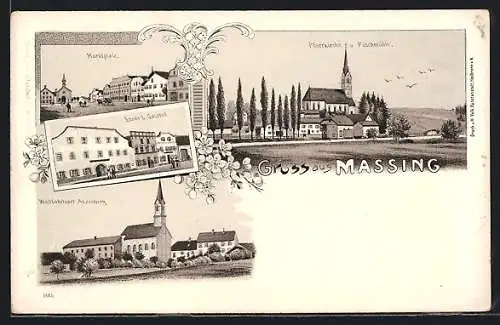 Lithographie Massing, Ebner`s Gasthof, Marktplatz, Pfarrkirche u. Fischmühle