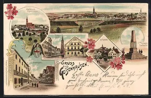 Lithographie Geisenhausen / Ndb., Strassenpartie in der Kirchgasse, St. Teobald, Markt mit Pfarrkirche