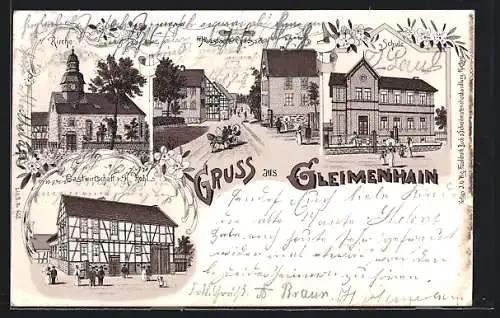 Lithographie Gleimenhain, Gasthaus v. K. Hohl, Neustädter Chaussee, Kirche