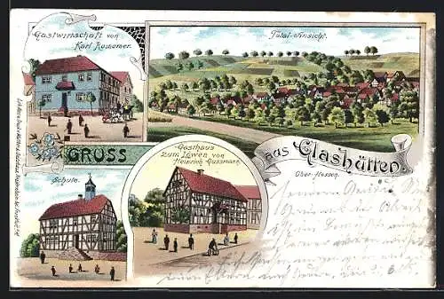 Lithographie Glashütten / Oberhessen, Gasthaus zum Löwen, Gasthof von Karl Reinemer, Schule