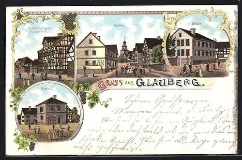 Lithographie Glauberg, Gasthaus z. Krone, Rathaus, Schule