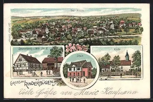 Lithographie Rinderbügen, Spezereihandlung v. Wilh. Leo III., Kirche, Schule
