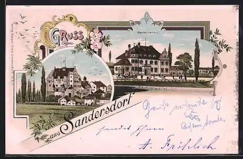 Lithographie Sandersdorf / Oberpfalz, Restaurant, Ortsansicht mit Rathaus