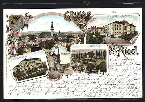 Lithographie Ried, K. K. Kreisgerichtsgebäude, Rathaus und Stadtbrunnen, Gymnasium