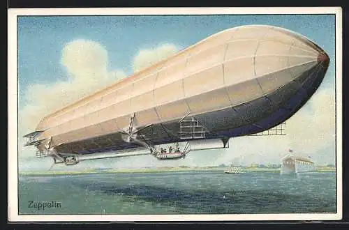 Künstler-AK Zeppelin über dem Wasser
