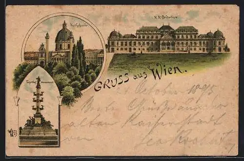 Vorläufer-Lithographie Wien, 1895, K. k. Belvedere, Karlskirche, Tegetthof-Monument