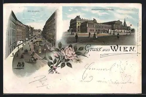 Vorläufer-Lithographie Wien, 1894, Graben, Am Graben, Reichsrathsgebäude