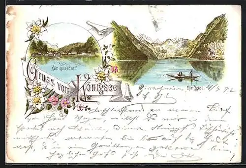 Vorläufer-Lithographie Königsee / Berchtesgaden, 1892, Königseedorf und Bootspartie