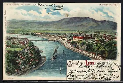 Lithographie Linz, Panorama mit und Brücke, Halt gegen das Licht