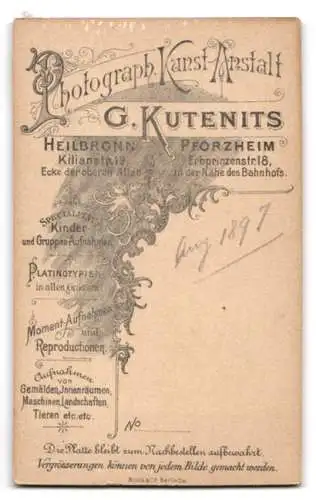 Fotografie G. Kutenits, Heilbronn, Kilianstr. 19, Junge Dame mit zurückgestecktem Haar im seitlichen Portrait