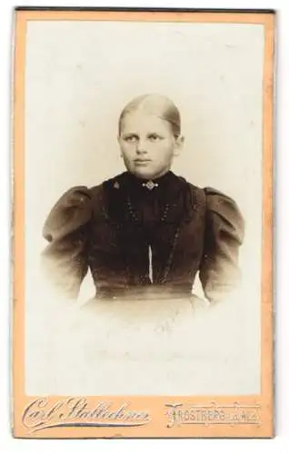 Fotografie Carl Stallechner, Trostberg a. d. Alz, Bürgerliches Mädchen im taillierten Kleid mit einer Brosche am Kragen