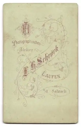 Fotografie F. H. Schröck, Laufen, Junge Dame im hellen Kleid mit einem dicken Buch auf einem Stuhl