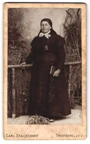 Fotografie Carl Stallechenr, Trostberg a. d. Alz, Ältere Dame mi Kleid mit einem Kopftuch und einem Halstuch