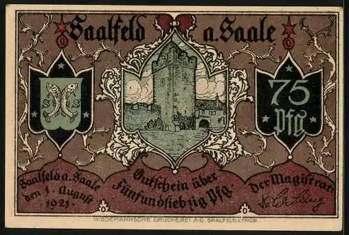 Notgeld Saalfeld a. Saale 1921, 75 Pfennig, Postkutsche bei der Einfahrt in die Ortschaft
