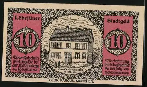 Notgeld Löbejün 1920, 10 Pfennig, Loewe`s Geburtshaus