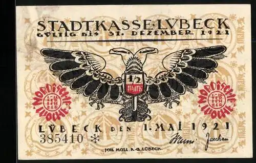 Notgeld Lübeck 1921, 1 /2 Mark, Buchstabe W, heraldischer Adler