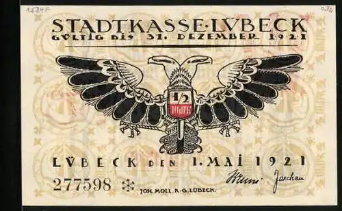 Notgeld Lübeck 1921, 1 /2 Mark, Heraldischer Adler, Buchstabe W