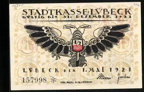 Notgeld Lübeck 1921, 1 /2 Mark, Heraldischer Adler, Buchstabe W