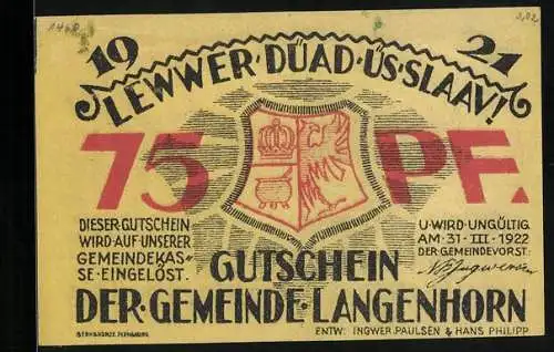 Notgeld Langenhorn / Schleswig, 75 Pfennig, Geburtshaus von Friedr. Paulsen