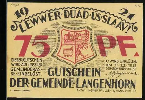 Notgeld Langenhorn / Schleswig, 75 Pfennig, Geburtshaus von Friedr. Paulsen