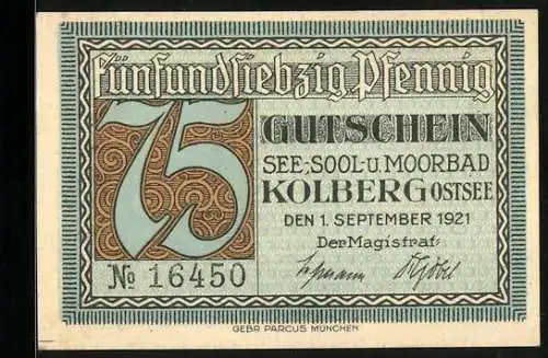 Notgeld Kolberg /Ostsee 1921, 75 Pfennig, Die alte Saline