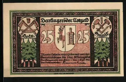 Notgeld Darlingerode am Harz 1921, 25 Pfennig, Teilansicht gegen die Berge