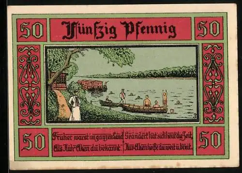 Notgeld Aken /Elbe 1921, 50 Pfennig, Flussidyll mit Badegästen