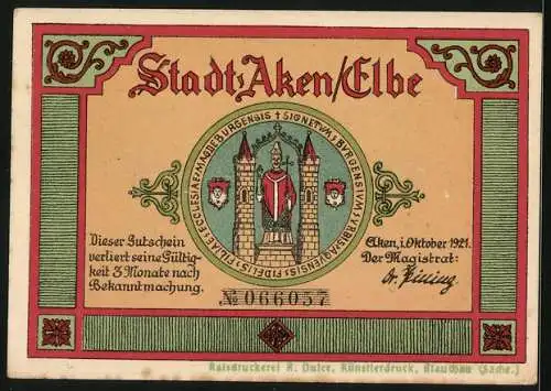 Notgeld Aken /Elbe 1921, 50 Pfennig, Flussidyll mit Badegästen