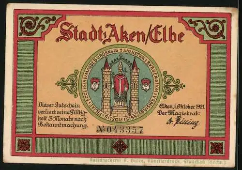 Notgeld Aken /Elbe 1921, 50 Pfennig, Cöthener Tor und Elbtor