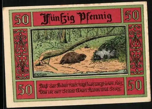 Notgeld Aken /Elbe 1921, 50 Pfennig, Biber am Flussufer