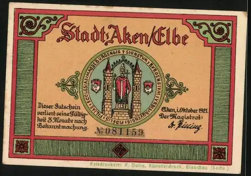 Notgeld Aken /Elbe 1921, 50 Pfennig, Biber am Flussufer