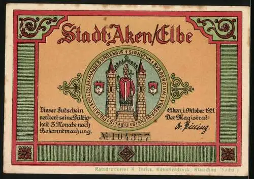 Notgeld Aken /Elbe 1921, 25 Pfennig, Teilsansicht der Ortschaft