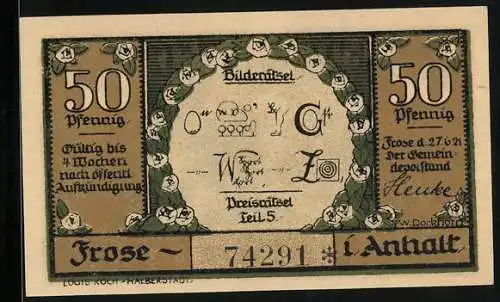 Notgeld Frose in Anhalt 1921, 50 Pfennig, Bilderrätsel Teil 5, Ackerland wo sich der Froser See befunden hat