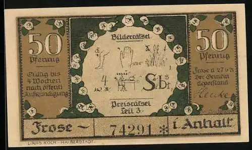 Notgeld Frose in Anhalt 1921, 50 Pfennig, Bilderrätsel 3, Germanische Siedlung