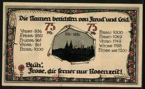 Notgeld Frose in Anhalt 1921, 75 Pfennig, Einsatzrätsel 2, Namensgeschichte der Ortschaft