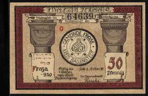 Notgeld Frose in Anhalt 1921, 50 Pfennig, Blick aus dem Turmfenster der Klosterkirche