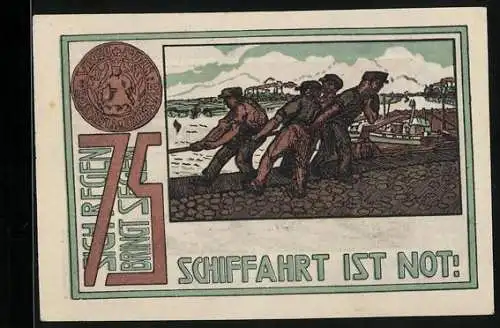 Notgeld Frohse 1921, 75 Pfennig, Männer tauen ein Boot an