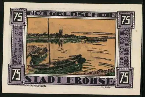 Notgeld Frohse 1921, 75 Pfennig, Männer tauen ein Boot an
