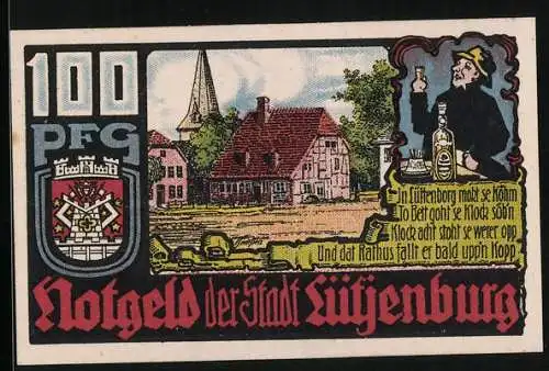 Notgeld Lütjenburg 1921, 100 Pfennig, Ortsansicht mit Weiher, Seemann beim Trinken