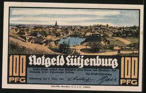 Notgeld Lütjenburg 1921, 100 Pfennig, Ortsansicht mit Weiher, Seemann beim Trinken
