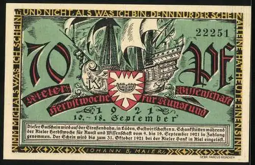 Notgeld Kiel 1921, 70 Pfennig, Kieler Herbstwoche für Kunst und Wissenschaft, Ortspartie