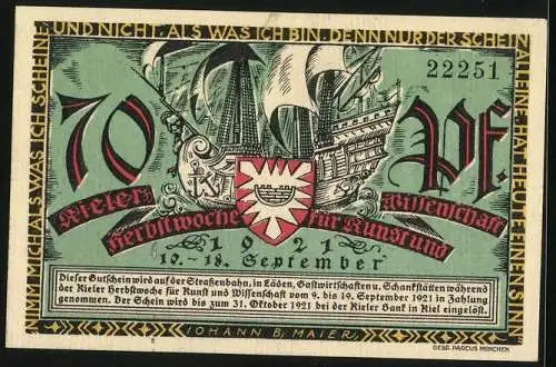 Notgeld Kiel 1921, 70 Pfennig, Kieler Herbstwoche für Kunst und Wissenschaft, die alten Speicher