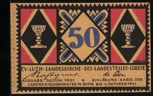Notgeld Lübeck 1921, 50 Pfennig, Zwei Kelche, Vers aus dem Lucas-Evangelium