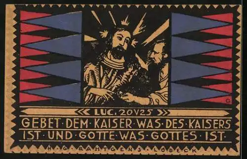 Notgeld Lübeck 1921, 50 Pfennig, Zwei Kelche, Vers aus dem Lucas-Evangelium