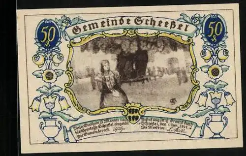 Notgeld Scheessel 1921, 50 Pfennig, Frau im Park, Pferdepflug auf dem Feld
