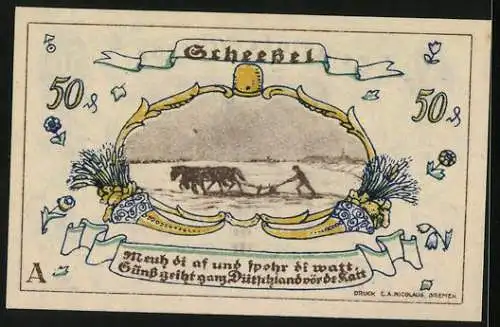 Notgeld Scheessel 1921, 50 Pfennig, Frau im Park, Pferdepflug auf dem Feld